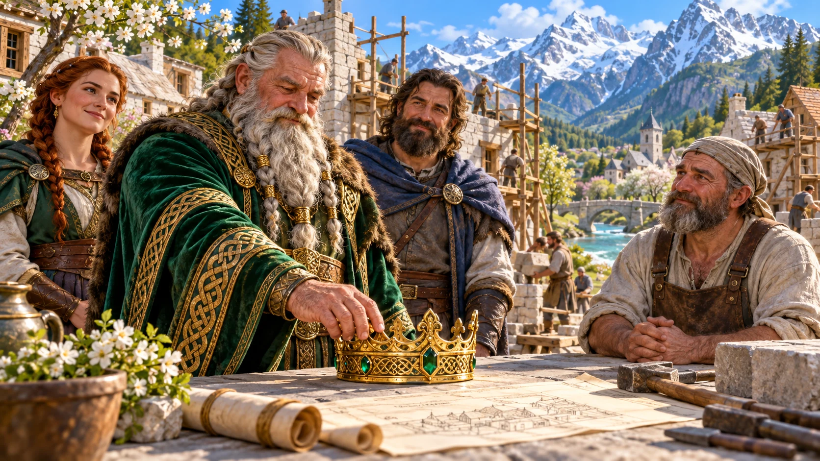 A crowned elder places a crown beside village rebuilding plans, with companions watching.