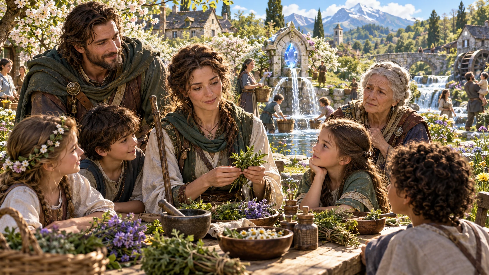 The healer shares herbs with a child as companions and an elder gather in a restored orchard.