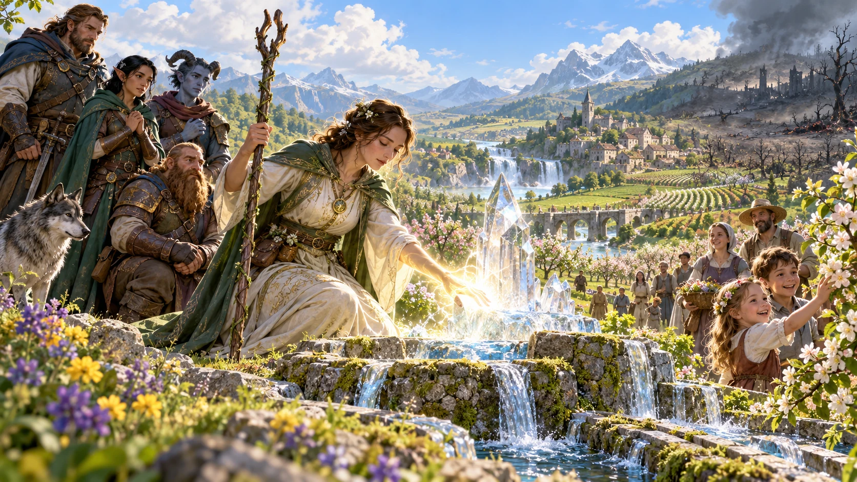 A healer offers glowing magic beside an orchard spring as companions and villagers watch.